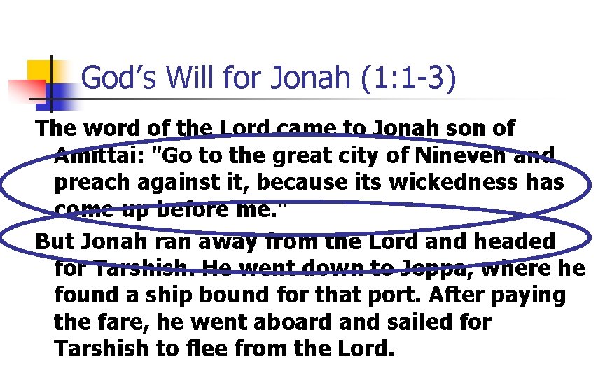 God’s Will for Jonah (1: 1 -3) The word of the Lord came to