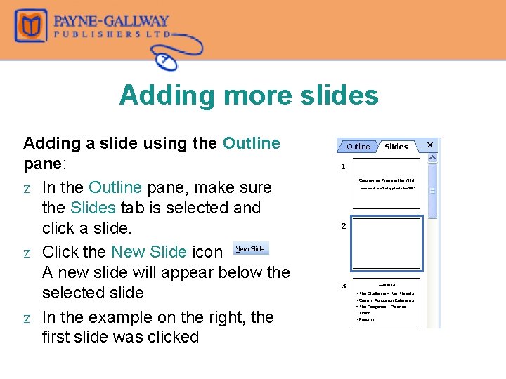 Adding more slides Adding a slide using the Outline pane: Z In the Outline