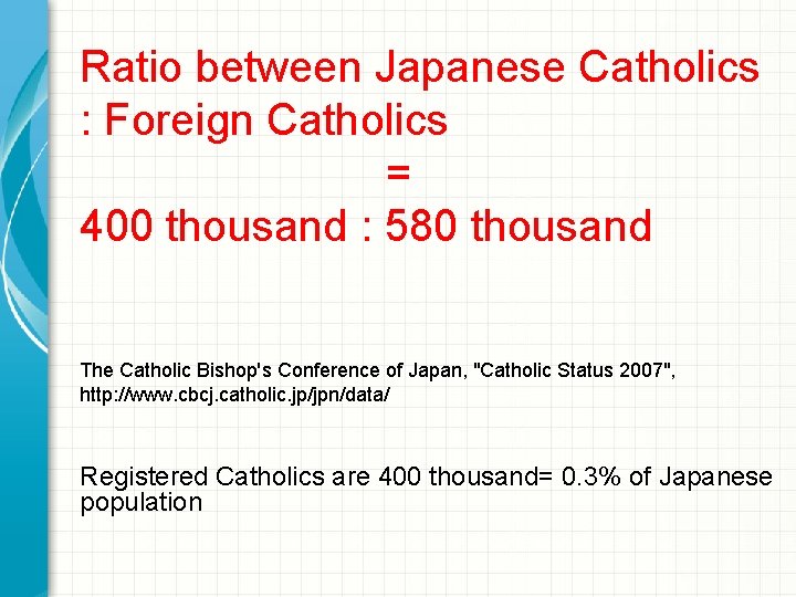 Ratio between Japanese Catholics : Foreign Catholics = 400 thousand : 580 thousand The