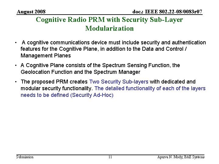 August 2008 doc. : IEEE 802. 22 -08/0083 r 07 Cognitive Radio PRM with