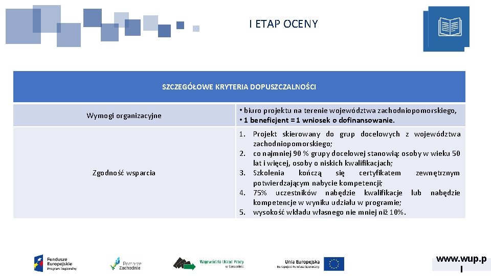 I ETAP OCENY SZCZEGÓŁOWE KRYTERIA DOPUSZCZALNOŚCI Wymogi organizacyjne • biuro projektu na terenie województwa