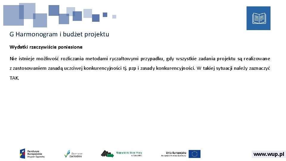 G Harmonogram i budżet projektu Wydatki rzeczywiście poniesione Nie istnieje możliwość rozliczania metodami ryczałtowymi