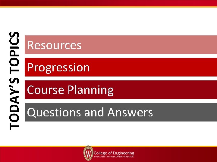 TODAY’S TOPICS Resources Progression Course Planning Questions and Answers 