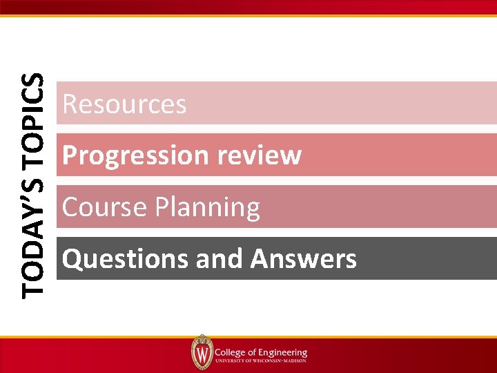 TODAY’S TOPICS Resources Progression review Course Planning Questions and Answers 
