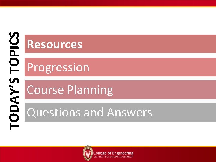 TODAY’S TOPICS Resources Progression Course Planning Questions and Answers 