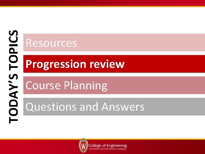 TODAY’S TOPICS Resources Progression review Course Planning Questions and Answers 