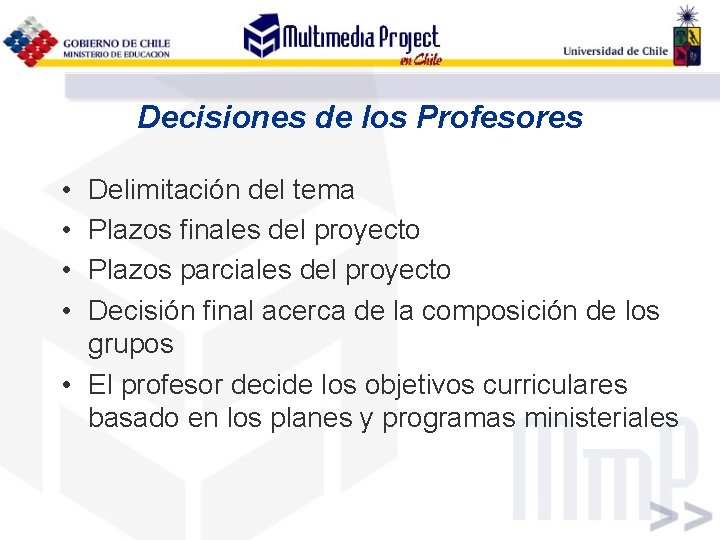 Decisiones de los Profesores • • Delimitación del tema Plazos finales del proyecto Plazos