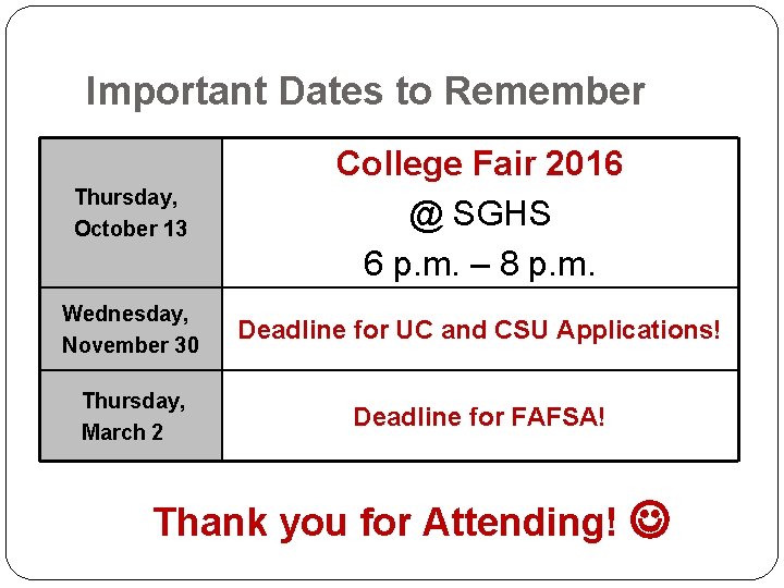 Important Dates to Remember Thursday, October 13 College Fair 2016 @ SGHS 6 p.