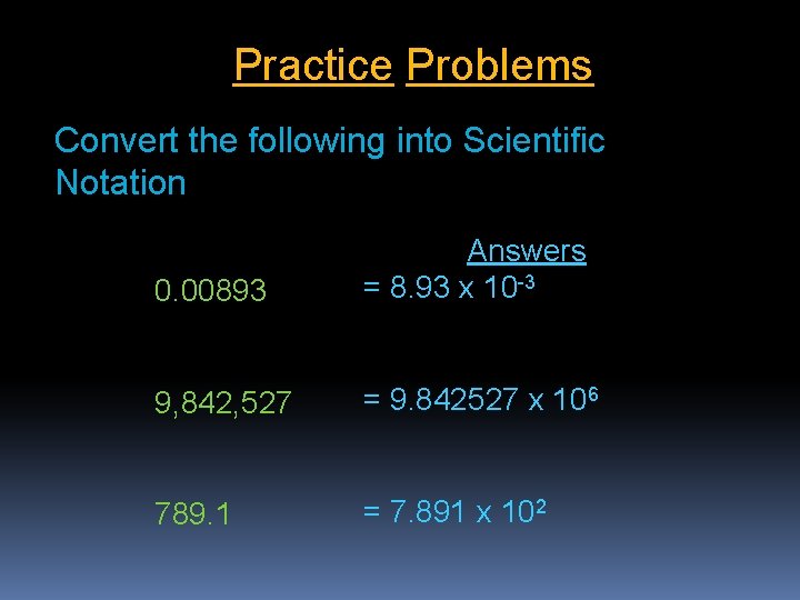 Practice Problems Convert the following into Scientific Notation 0. 00893 Answers = 8. 93