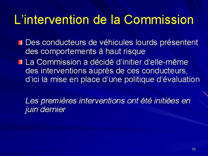 L’intervention de la Commission Des conducteurs de véhicules lourds présentent des comportements à haut