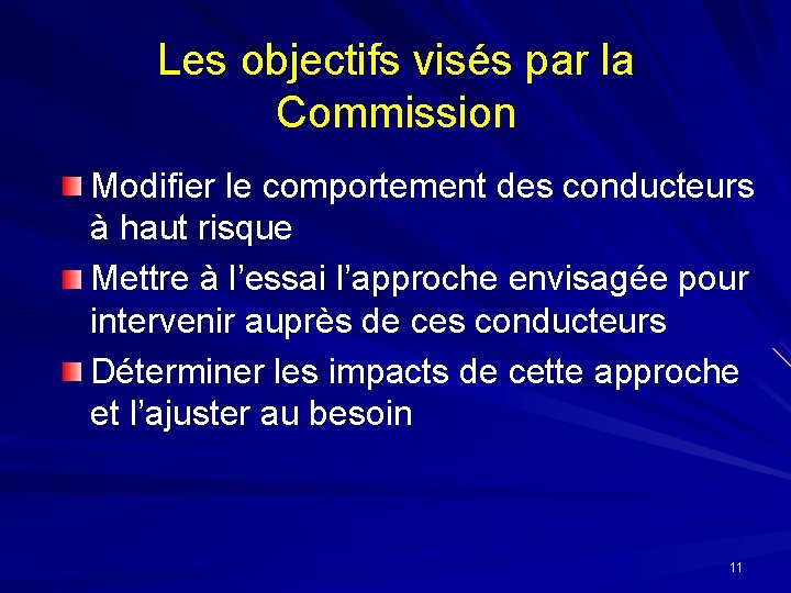 Les objectifs visés par la Commission Modifier le comportement des conducteurs à haut risque