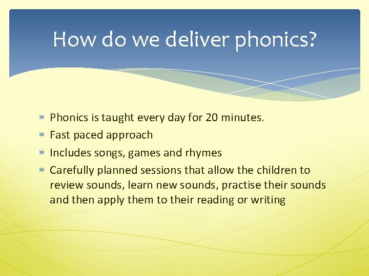 How do we deliver phonics? Phonics is taught every day for 20 minutes. Fast