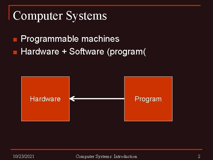 Computer Systems n n Programmable machines Hardware + Software (program( Hardware 10/23/2021 Program Computer