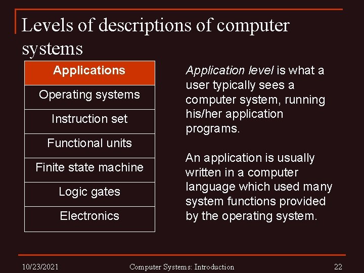 Levels of descriptions of computer systems Applications Operating systems Instruction set Application level is