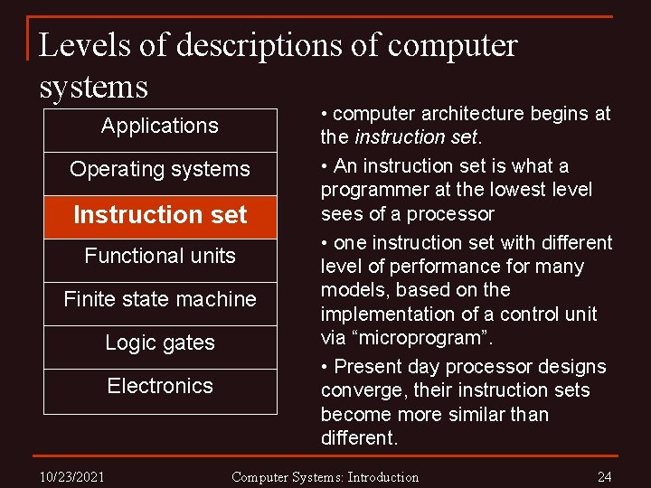 Levels of descriptions of computer systems • computer architecture begins at Applications Operating systems