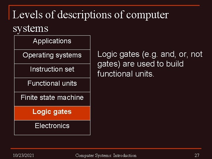 Levels of descriptions of computer systems Applications Operating systems Instruction set Logic gates (e.