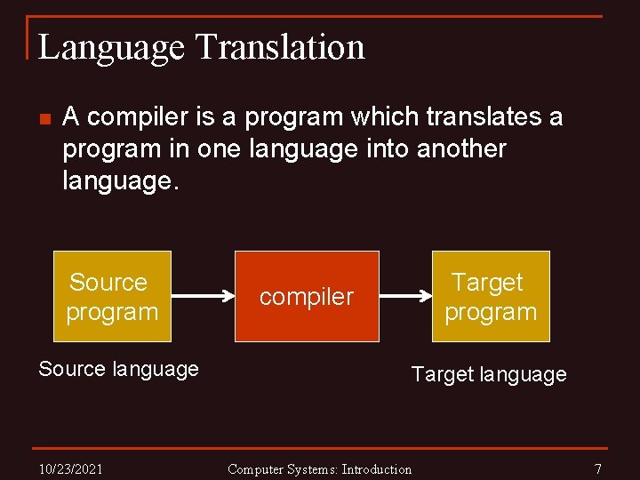 Language Translation n A compiler is a program which translates a program in one