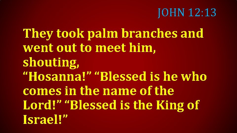 JOHN 12: 13 They took palm branches and went out to meet him, shouting,