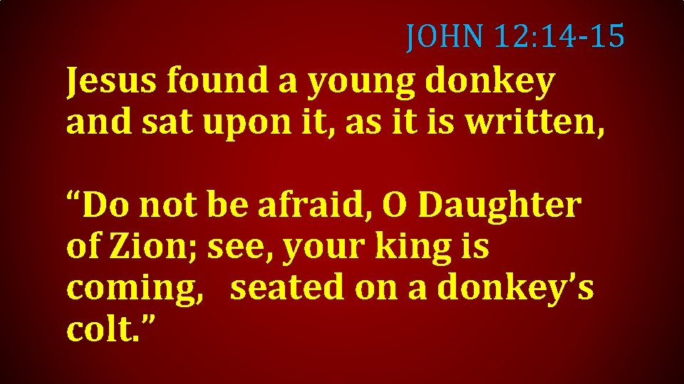 JOHN 12: 14 -15 Jesus found a young donkey and sat upon it, as