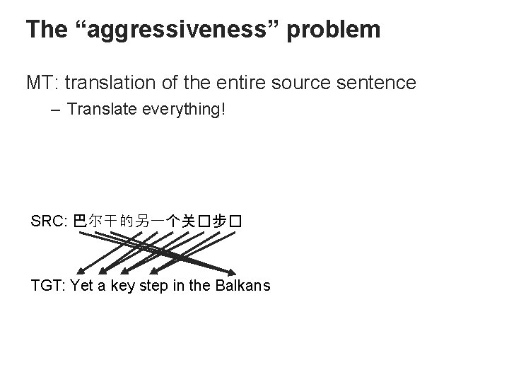 The “aggressiveness” problem MT: translation of the entire source sentence – Translate everything! •