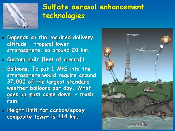 Sulfate aerosol enhancement technologies Depends on the required delivery altitude – tropical lower stratosphere,