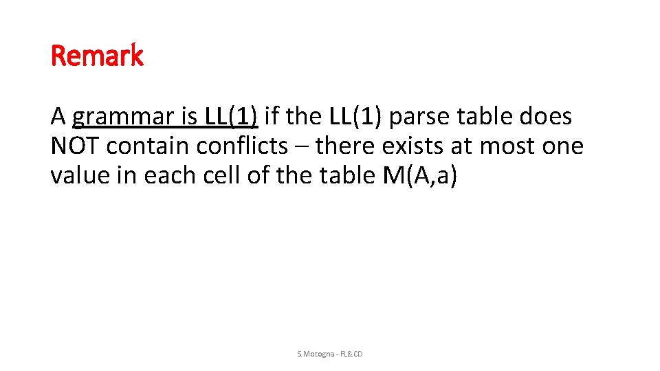 Remark A grammar is LL(1) if the LL(1) parse table does NOT contain conflicts