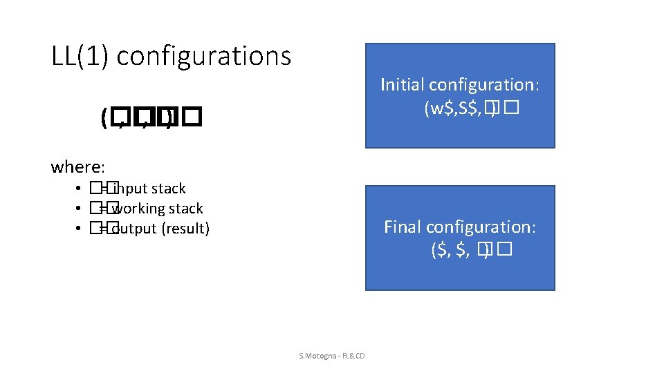 LL(1) configurations Initial configuration: (w$, S$, �� ) (�� , �� ) where: •