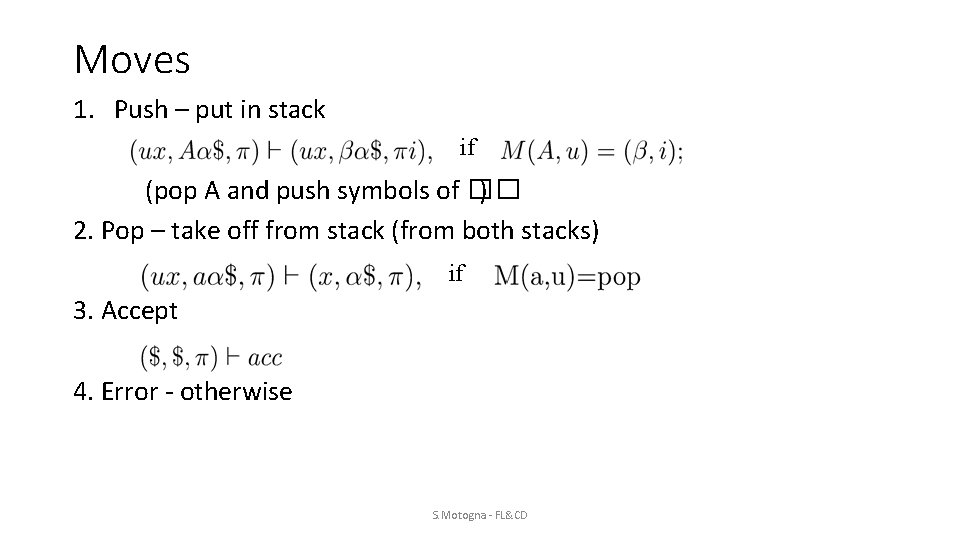 Moves 1. Push – put in stack if (pop A and push symbols of