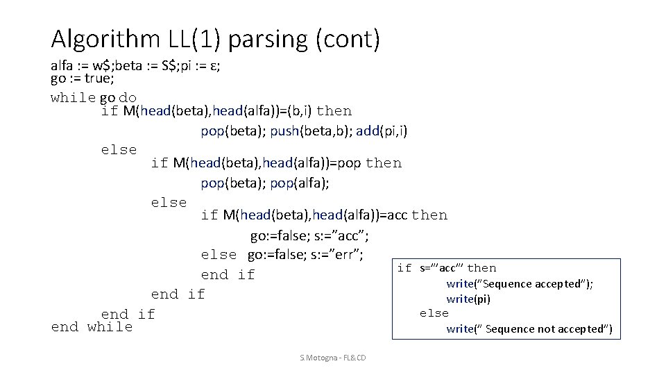 Algorithm LL(1) parsing (cont) alfa : = w$; beta : = S$; pi :