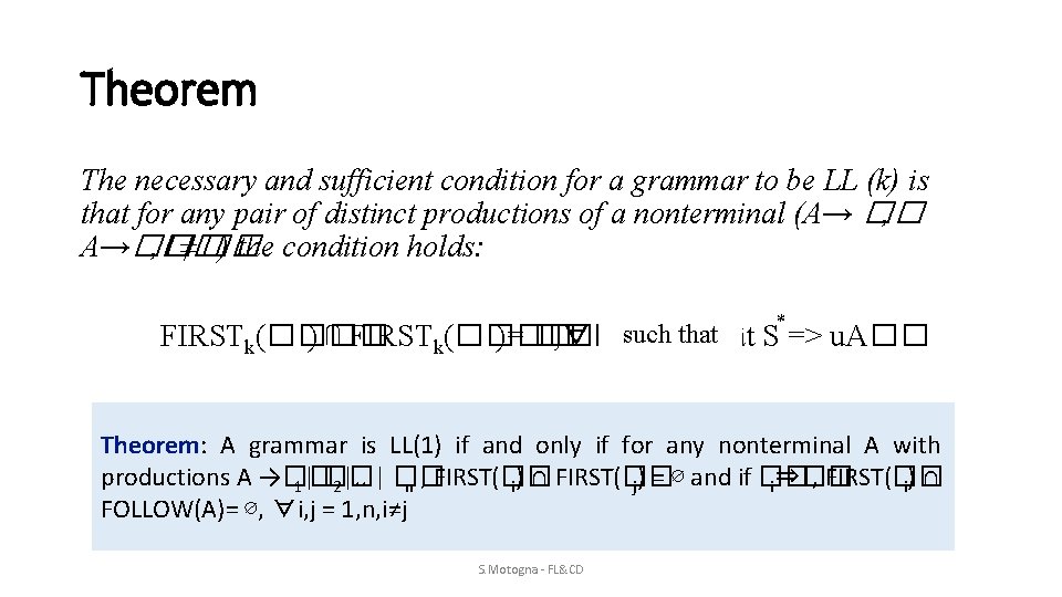 Theorem The necessary and sufficient condition for a grammar to be LL (k) is