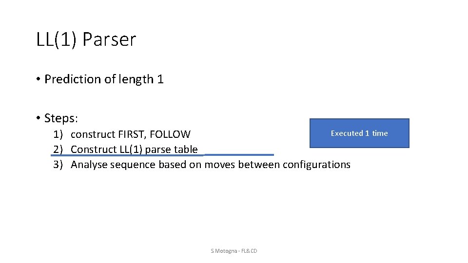 LL(1) Parser • Prediction of length 1 • Steps: Executed 1 time 1) construct