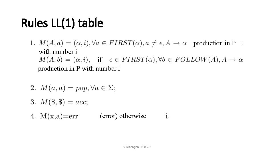 Rules LL(1) table production in P with number i if production in P with