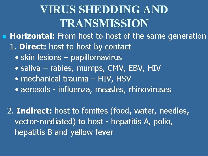 VIRUS SHEDDING AND TRANSMISSION n Horizontal: From host to host of the same generation VIRUS SHEDDING AND TRANSMISSION n Horizontal: From host to host of the same generation