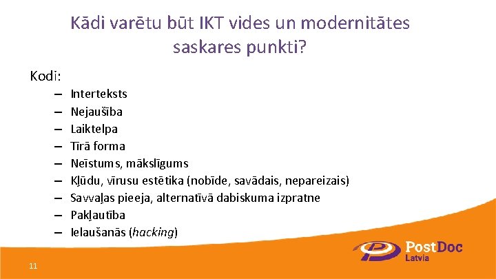 Kādi varētu būt IKT vides un modernitātes saskares punkti? Kodi: – – – –