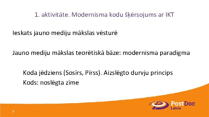 1. aktivitāte. Modernisma kodu šķērsojums ar IKT Ieskats jauno mediju mākslas vēsturē Jauno mediju