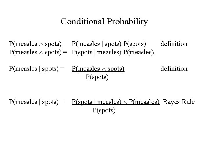 Conditional Probability P(measles spots) = P(measles | spots) P(spots) definition P(measles spots) = P(spots