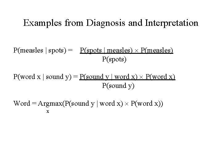 Examples from Diagnosis and Interpretation P(measles | spots) = P(spots | measles) P(measles) P(spots)