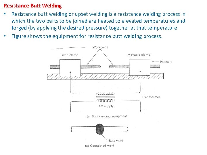 Resistance Butt Welding • Resistance butt welding or upset welding is a resistance welding