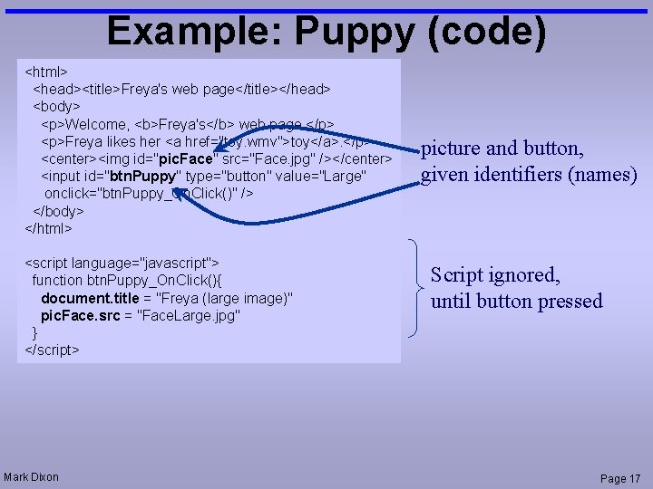 Example: Puppy (code) <html> <head><title>Freya's web page</title></head> <body> <p>Welcome, <b>Freya's</b> web page. </p> <p>Freya