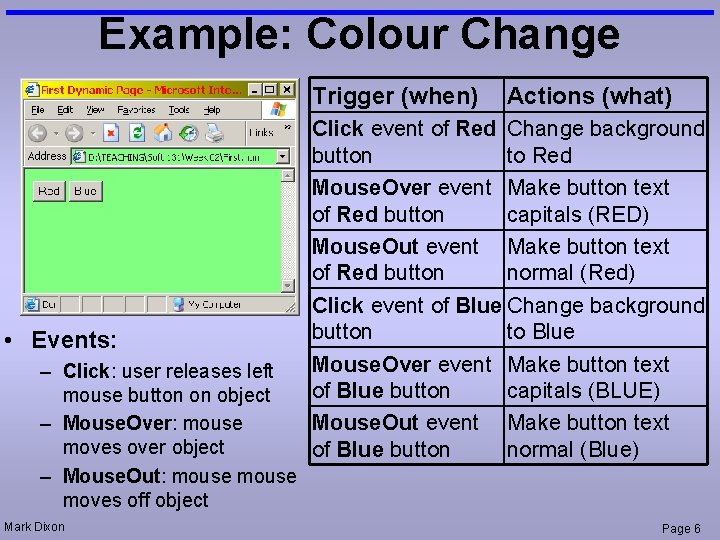Example: Colour Change Trigger (when) • Events: – Click: user releases left mouse button