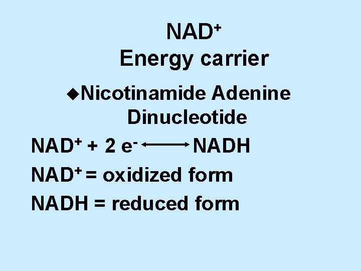 NAD+ Energy carrier u. Nicotinamide Adenine Dinucleotide NAD+ + 2 e. NADH NAD+ =