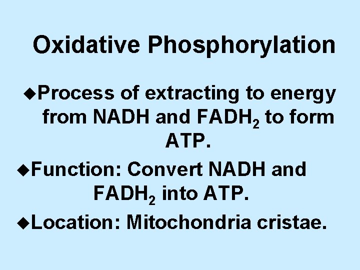Oxidative Phosphorylation u. Process of extracting to energy from NADH and FADH 2 to