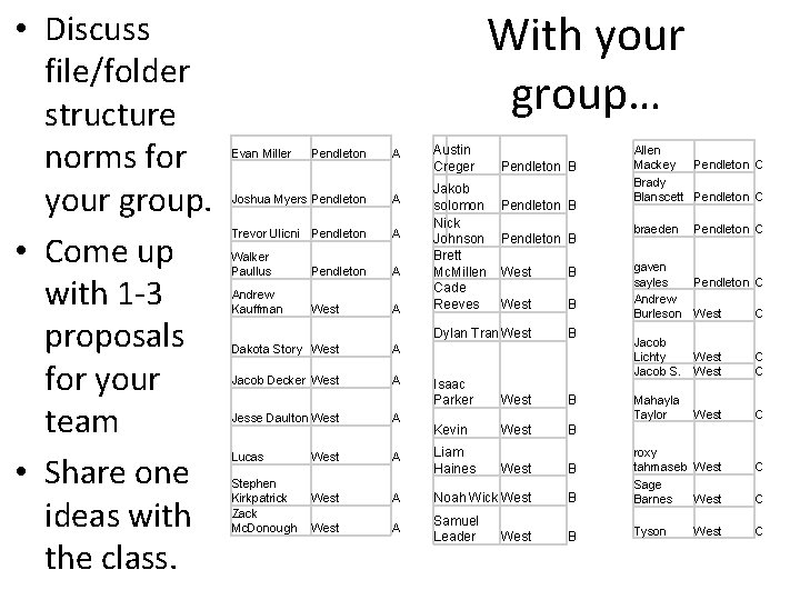  • Discuss file/folder structure norms for your group. • Come up with 1