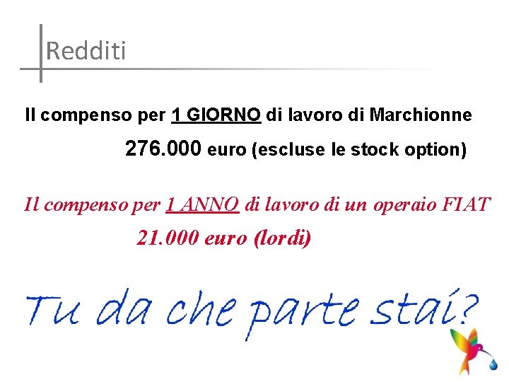 Redditi Il compenso per 1 GIORNO di lavoro di Marchionne 276. 000 euro (escluse