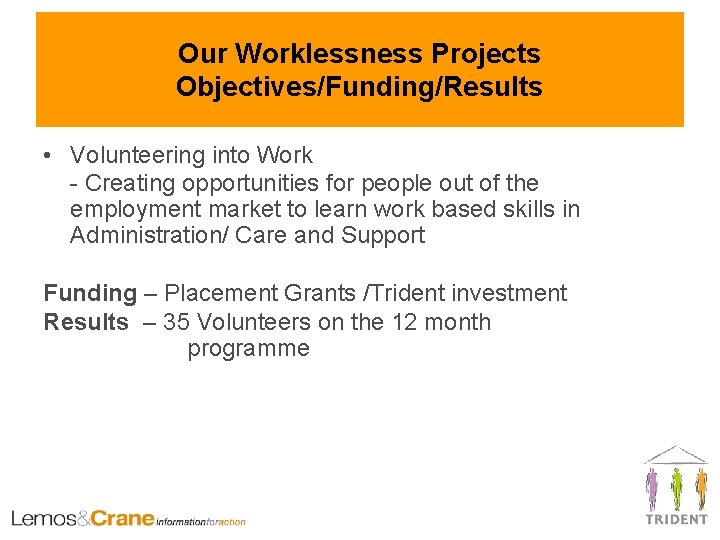 Our Worklessness Projects Objectives/Funding/Results • Volunteering into Work - Creating opportunities for people out