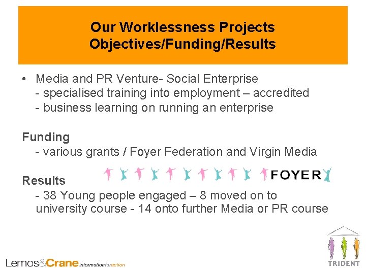 Our Worklessness Projects Objectives/Funding/Results • Media and PR Venture- Social Enterprise - specialised training