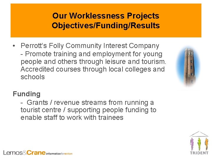 Our Worklessness Projects Objectives/Funding/Results • Perrott’s Folly Community Interest Company - Promote training and