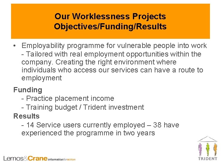 Our Worklessness Projects Objectives/Funding/Results • Employability programme for vulnerable people into work - Tailored