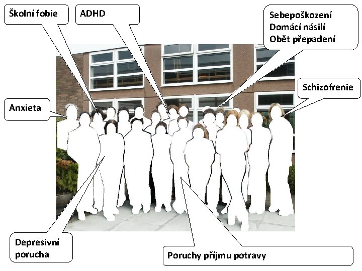 Školní fobie ADHD Sebepoškození Domácí násilí Obět přepadení Schizofrenie Anxieta Depresivní porucha Poruchy příjmu