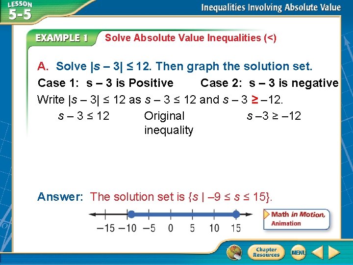 Solve Absolute Value Inequalities (<) A. Solve |s – 3| ≤ 12. Then graph